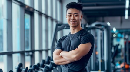 Asian Fitness Trainer with Crossed Arms in Modern Gym for Health and Exercise Motivation