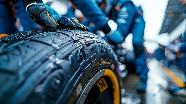 Close-Up of Formula 1 Tire Change With Mechanic Hand and Wet Tread, Capturing Motorsport Detail, Speed, and Pit Stop Precision