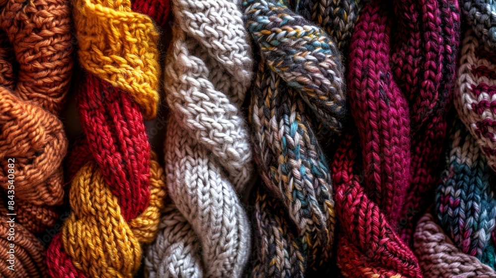 Poster close-up of colorful knitted braids in various vibrant colors and textures, showcasing detailed craf