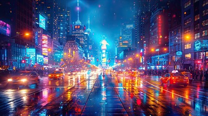Obraz premium A bustling cityscape at night with skyscrapers lit up, busy streets filled with cars, and bright neon signs creating a vibrant urban atmosphere.