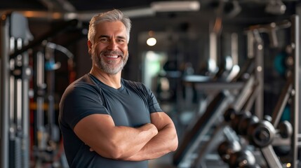 Fototapeta premium Middle Aged Eastern European Fitness Trainer Smiling in Gym, Promoting Healthy Lifestyle and Training Services