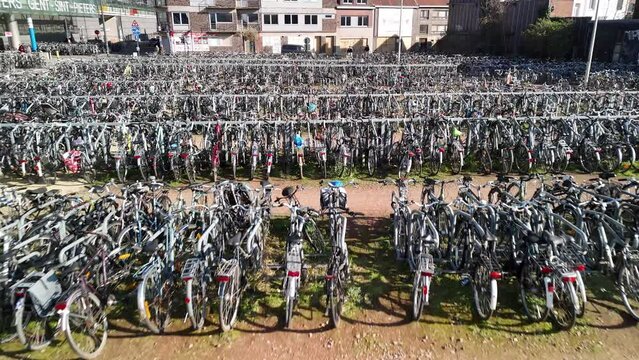 A Sea of Cycles in a European City on a Sunny Day
