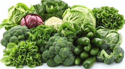 Assorted green vegetables arranged beautifully in a pile isolated on a white background, deep and rich colors. Generative AI.