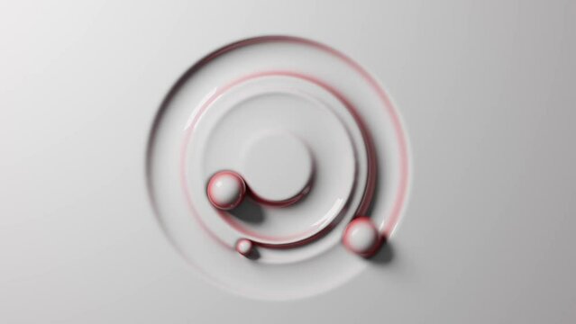 Spheres move in circular patterns against a white background that dips and undulates as they pass, creating a dynamic and captivating visual effect.