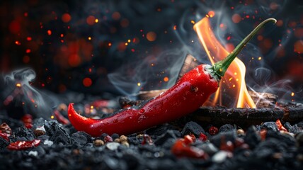 Chili pepper with flames on burning charcoal - An artistic shot of a chili pepper on a fiery bed of smoldering charcoal and wood, representing heat and spice