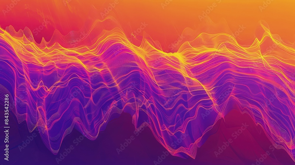 Poster an abstract representation of sound waves rippling across a vibrant gradient background, from deep p