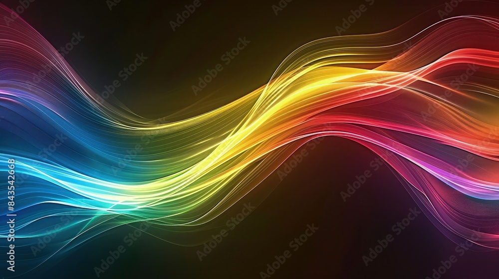 Poster an abstract wallpaper with smooth, flowing lines of light in rainbow colors, gracefully arcing acros