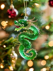 Christmas dragon ornament close-up - Close-up of a dragon ornament hanging on a lit Christmas tree