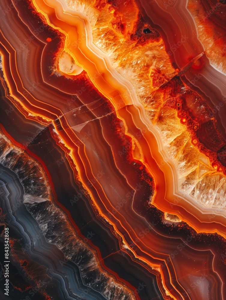 Poster vivid orange and red agate patterns - detailed image of agate stone texture with hot lava-like color