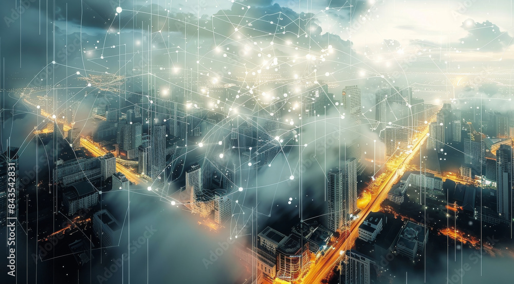 Aufkleber Communication and internet network connect in smart city, detailed texture. Generative AI.