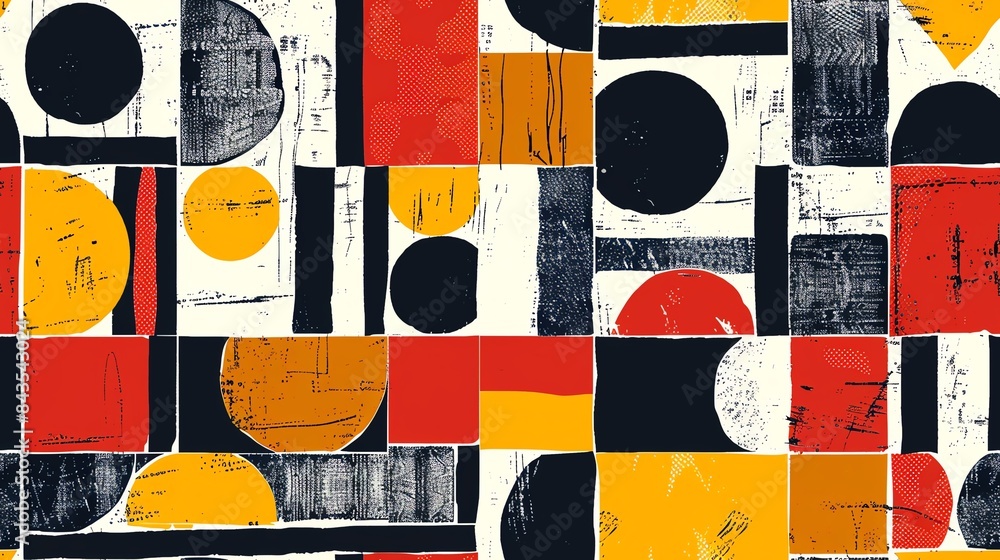 Poster seamless pattern of block print-style geometric shapes in bold colors, creating a striking and moder