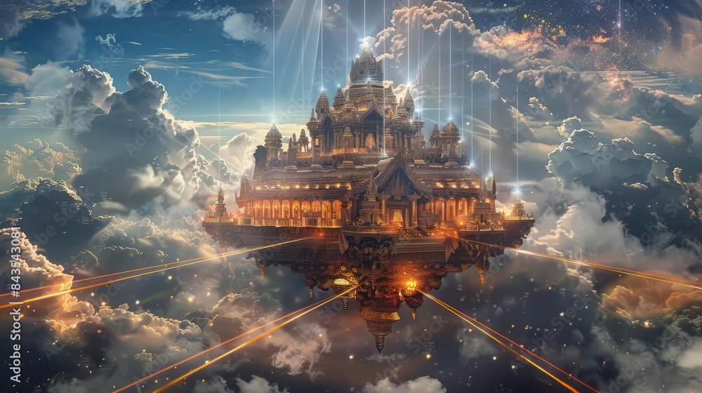 Poster an ancient, ornate temple floating in the sky, surrounded by billowing clouds and connected to the s