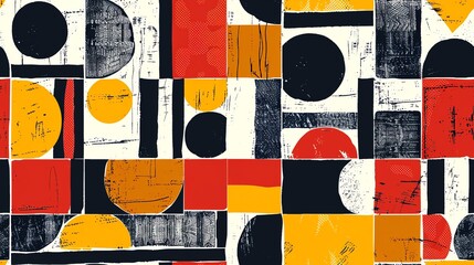 Seamless pattern of block print-style geometric shapes in bold colors, creating a striking and modern design