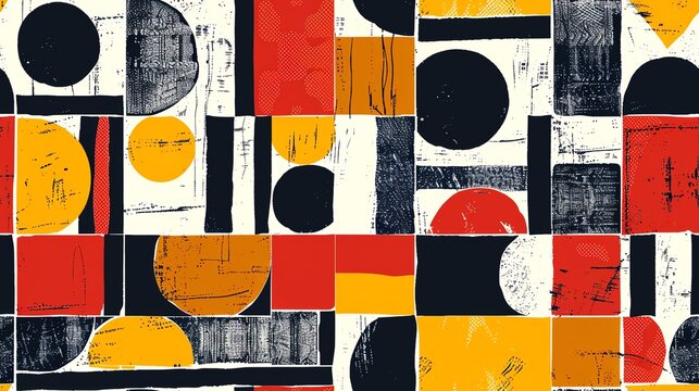 Seamless pattern of block print-style geometric shapes in bold colors, creating a striking and modern design