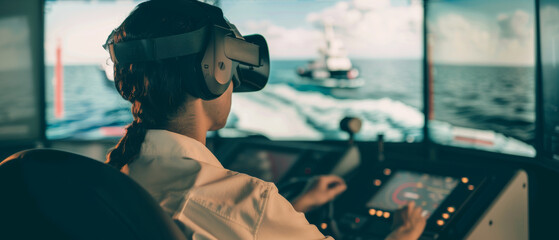 A person wearing futuristic virtual reality gear navigates a high-tech ship simulator, merging the maritime world with advanced technology.
