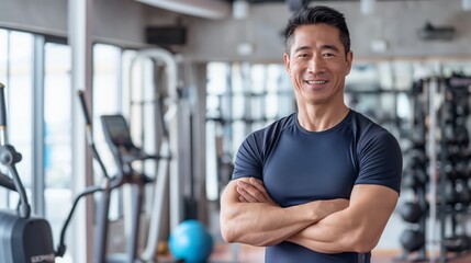 Korean Male Fitness Trainer in Modern Gym, Smiling and Confident, Perfect for Fitness, Health, Wellness Promotions