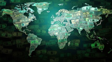 Obraz premium World map silhouette composed of digital circuit board patterns glows green over a dark background, representing global technology concepts.