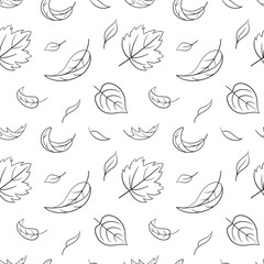 Leaves fall seamless pattern. Vector illustration in doodle style. Wave cold air during windy weather. Maple leaf outline for print and design