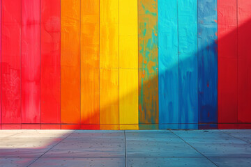 Wall with rainbow stripes casts a shadow on the concrete ground, wallpaper background