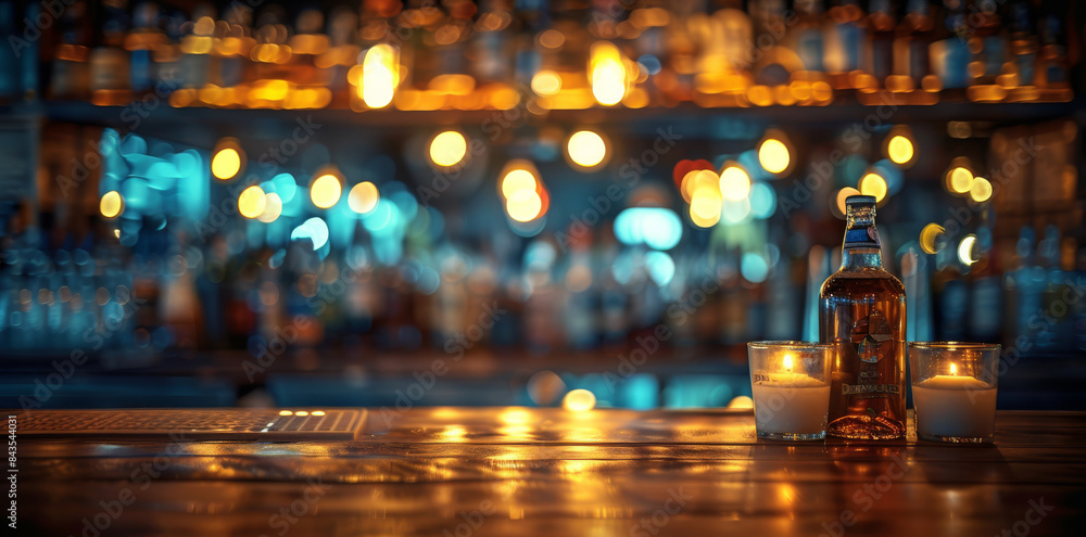 Poster dark bar with barman essentials set against a blurred background. generative ai.