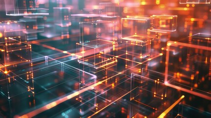 Obraz premium Luminous three-dimensional digital cubes create an immersive futuristic cityscape suitable for metaverse visualization or cyberspace advertising displays.