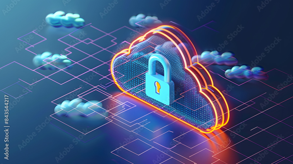 Poster abstract illustration of cloud security services, stylized cloud icon integrated with a secure padlo