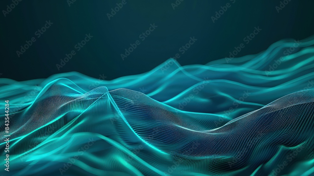 Poster an elegant desktop background with soft, glowing turquoise lines that ripple across a dark blue canv