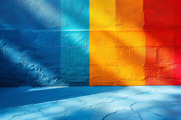 Blue, yellow, and red brick wall with sunlight wallpaper background