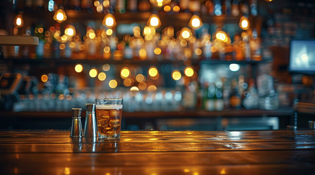 Dark bar with barman essentials set against a blurred background. Generative AI.