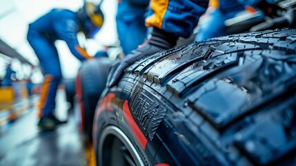 Formula 1 Car Tire Change Close-Up with Mechanics at Work During Pitstop on Wet Asphalt Track in High-Speed Motorsport Race Event