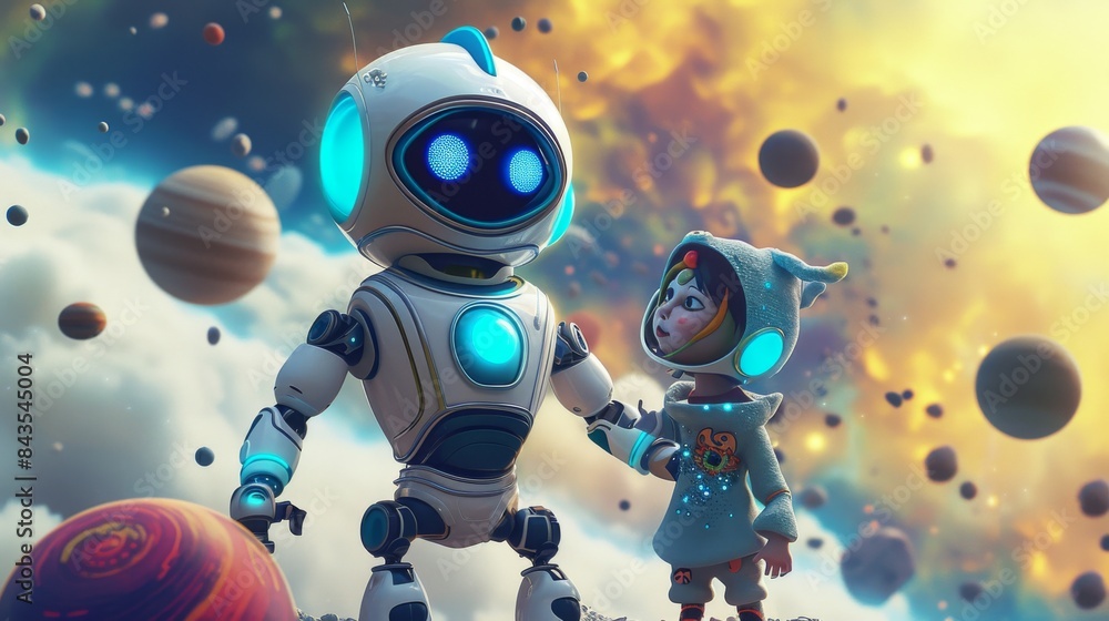 Poster the robot and the child go on an exciting space journey, exploring distant planets and meeting vario