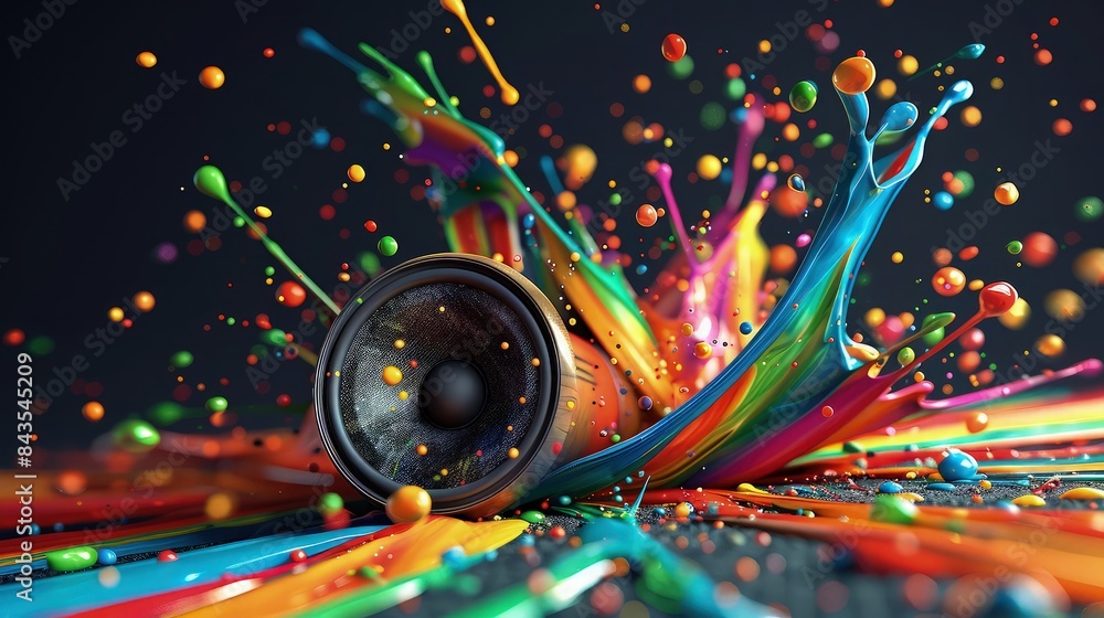 Poster an explosion of colorful paint splashes from a speaker on a dark background, visualizing the impact 