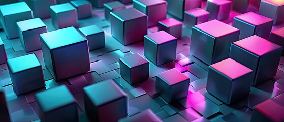 Futuristic geometric background with 3D hexagonal prisms in neon hues