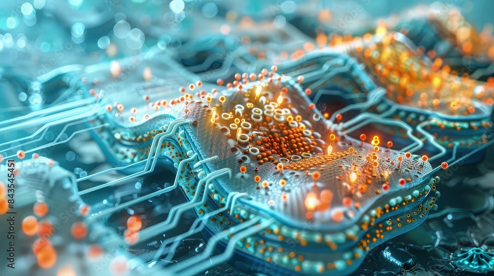 Poster an intricate illustration of a nanofabricated biosensor surface, showcasing molecular recognition si