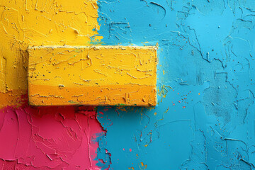 A textured wall painted in yellow, blue, and pink with rectangular yellow copy space area in center