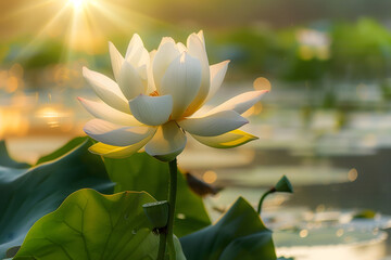 Obraz premium Radiant lotus flower fully bloomed in tranquil waters, symbolizing purity and peace.
