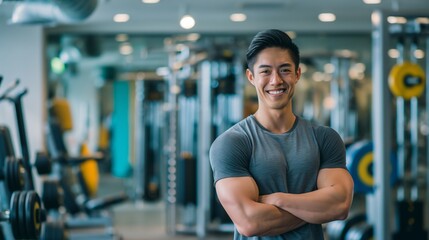 Fit and Smiling Asian Male Fitness Trainer in a Modern Gym Setting, Standing with Confidence, Promoting Health and Wellbeing