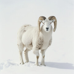 Majestic Dall sheep standing in a snowy landscape, its curled horns and white coat blending beautifully with the environment.