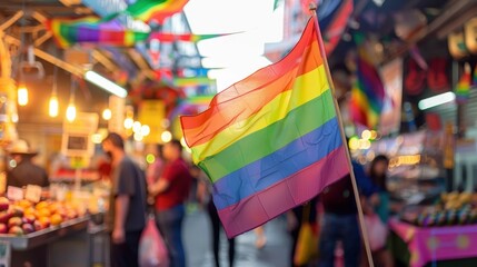 A rainbow flag is held by a person in a crowded market