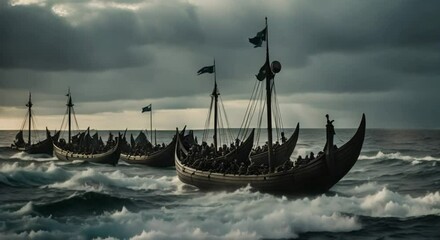A Viking army sailing across a dark, gloomy ocean