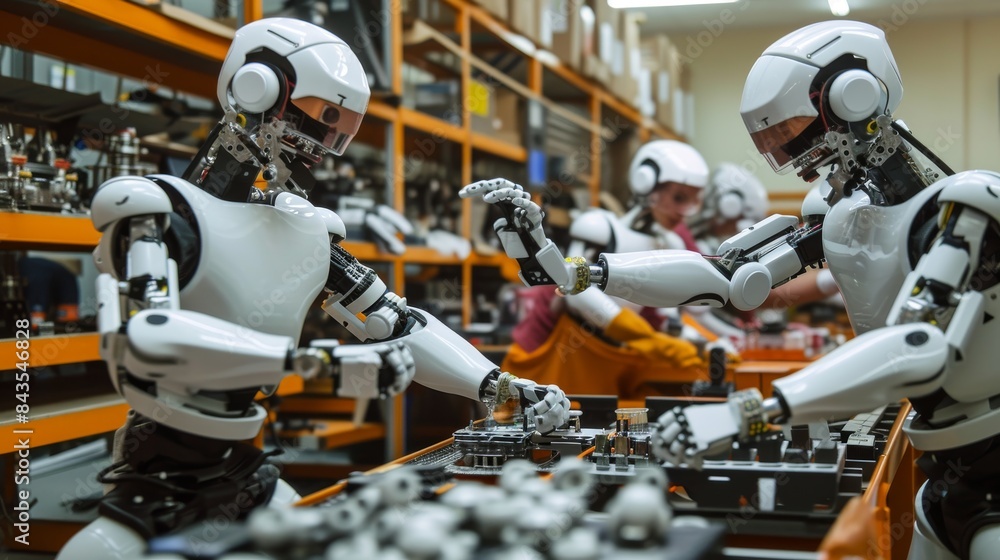 Poster robots and humans work together in a factory where robots perform monotonous tasks and humans superv