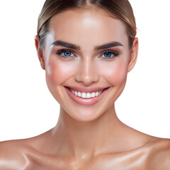 Obraz premium clean skin beauty woman face close up tanned face beauty smile over white background