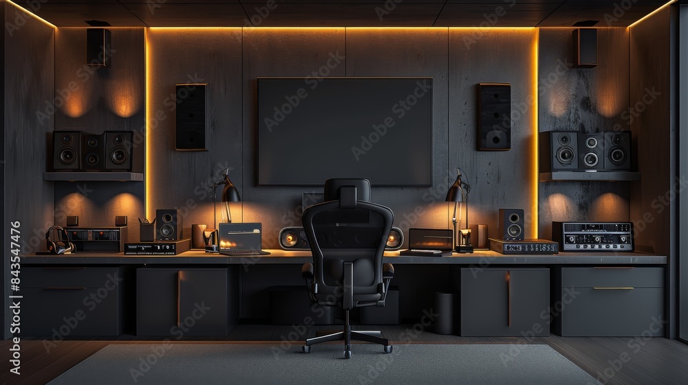 Poster A wall for a graphic designer's room and an audio commentator with lighting in black and dark gray shades, with a table and simple decor, and a microphone. Generative AI.