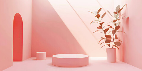 3d rendering of minimal geometric forms. Pink podium for product presentation in minimal style.