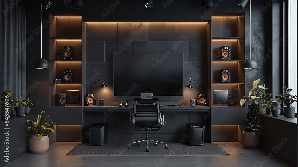 Poster a wall for a graphic designer's room and an audio commentator with lighting in black and dark gray s