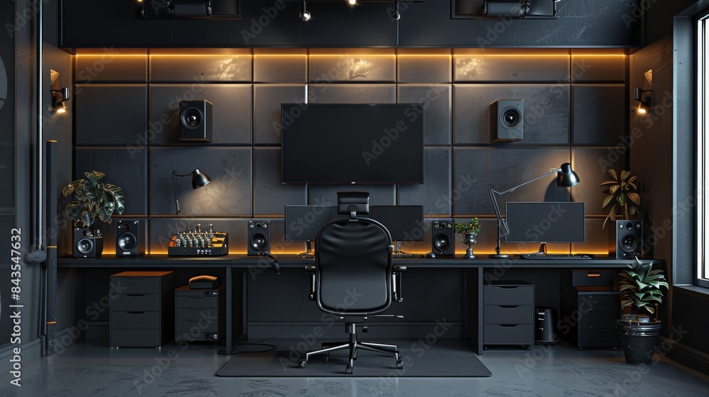 Poster a wall for a graphic designer's room and an audio commentator with lighting in black and dark gray s