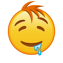 Drooling face on white background. Large size of yellow emoji smile with hair