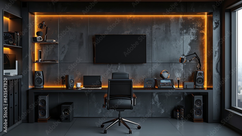 Poster a wall for a graphic designer's room and an audio commentator with lighting in black and dark gray s