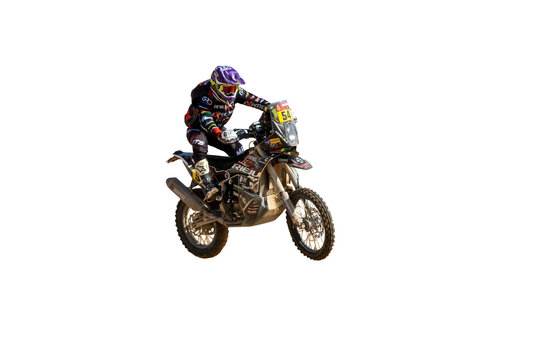Al-Kharj, Saudi Arabia - January 10, 2023:  Daniel Nosiglia Jager from Rieju - Xraidsexperience running Stage 9 of rally Dakar 2023 edition