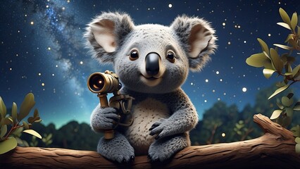 Star-Gazing Koala A dreamy 3D koala sitting on a branch, looking at the stars with a telescope
